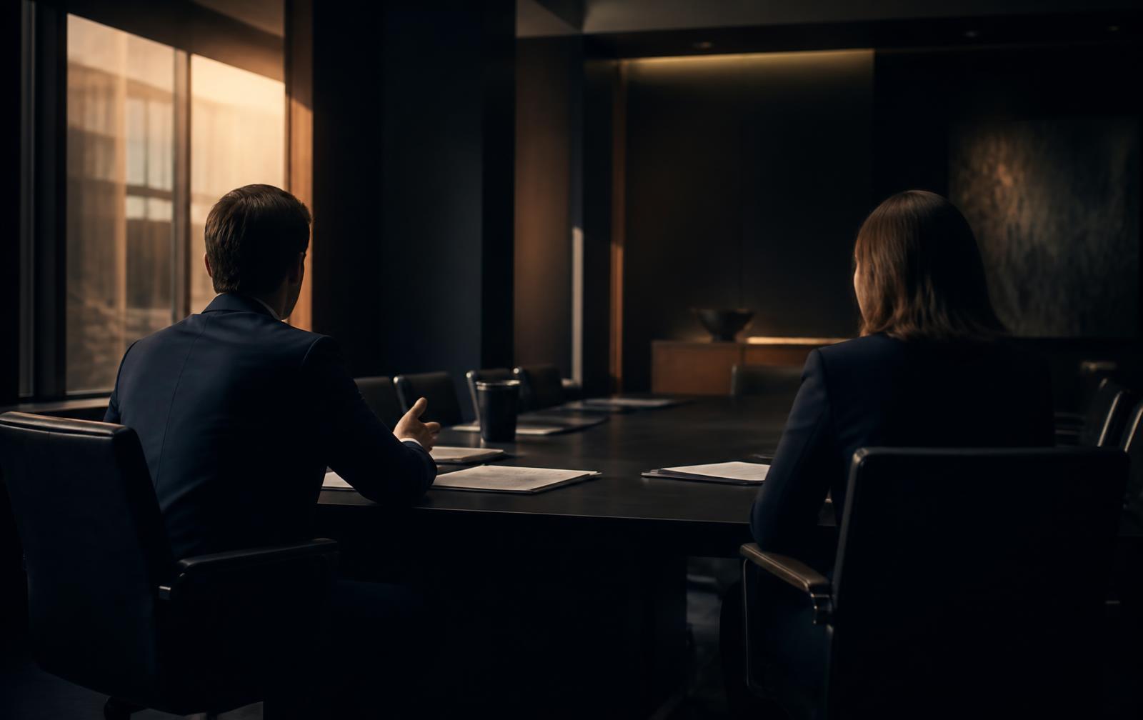 Reunião executiva em sala corporativa escura com luz baixa